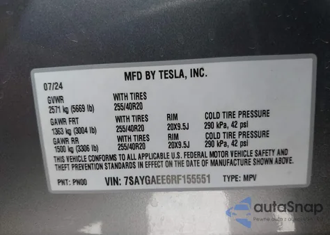 2024 Tesla Model Y Long Range Dual Motor All-Wheel Drive from USA, damaged, VIN 7SAYGAEE6RF155551